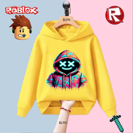 Kids Hoodie with Roblox Graffiti Design, Neon X - Eyes Smile Graphic, Colorful Drip - Paint Style, Fashion Streetwear for Boys