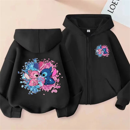 New Stitch Zipper Hoodies Girls Pink Sweatshirt Autumn Winter Long Sleeve Harajuku Pullovers Disney Stich Casual Hooded Tops