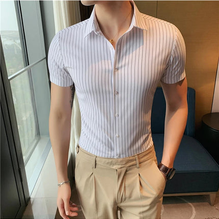 High Quality Ice Silk Traceless Striped Shirt Men's Summer Short Sleeve Slim Casual Business Shirts Tuxedo Men Clothing 4XL-M