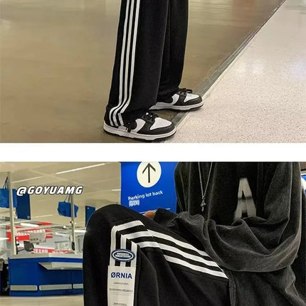 American Style High Street Pants Men's Fall Winter Trendy Brand Fleece-Lined Casual Sports Striped Waist-Defining Loose Fit Vers