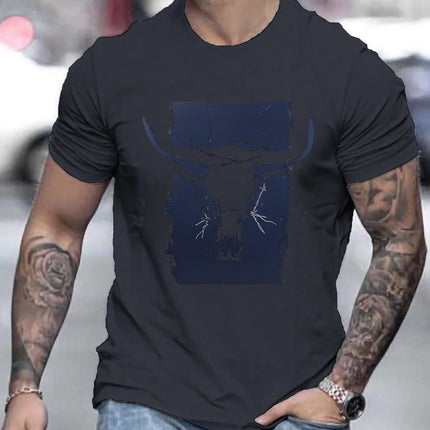 Summer men's 100% pure cotton casual loose plus size Western bull head pattern printed round neck short sleeved T-shirt top