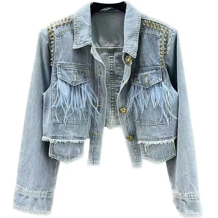 Women's Denim Jacket with Feather Decoration Denim Top, Heavy-duty Willow Nail Irregular Short Denim Coat Top