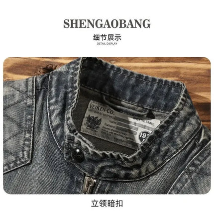 Luxury retro standing collar denim jacket for men's spring and autumn trendy brand loose oversized motorcycle jacket cotton