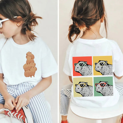 Kawaii Capybara Lovers Kids T-Shirt Short-Sleeved White T-Shirts Cartoon Tees Summer Children Top Crew Neck Children's Clothing