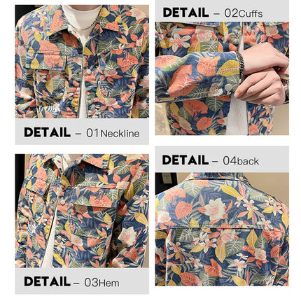 Men's Printed Denim Jacket in Red, Single Breasted Square Collar Coat, White Blue Trim, Asian Size M-4XL
