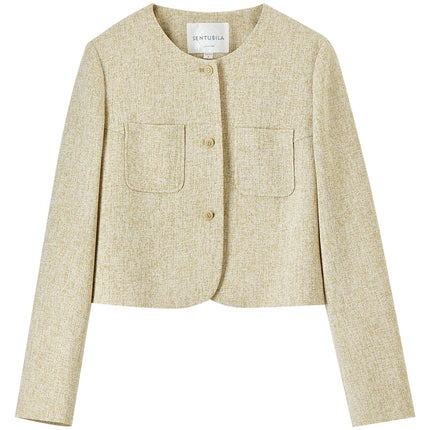 SENTUBILA Spring Women's Jackets 2025 Straight Cropped Office Lady Crewneck Long Sleeve Single Breasted Formal Coat 151W58771