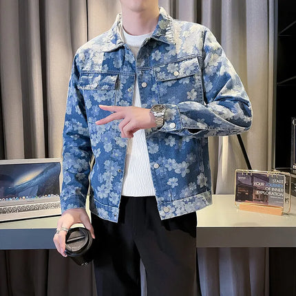 Men's Printed Denim Jacket in Red, Single Breasted Square Collar Coat, White Blue Trim, Asian Size M-4XL