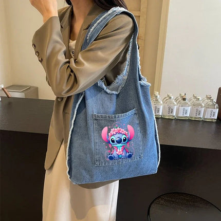 Disney Stitch Fashion Retro Denim Bag Women Anime High-capacity Shoulder Bag Female Students Commute Handbag Popular Tote-bag