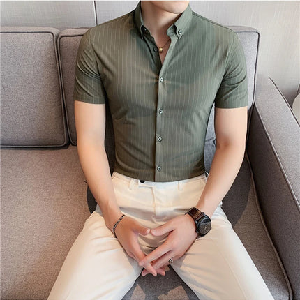 High Quality Pinstripe Casual Shirts  For Men 2024 Summer Slim Fit Business Social Elastic Social Party Shirt Plus Size 4XL-M