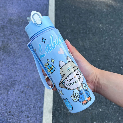 New elastic lid outdoor straw cup with large capacity labu cute cartoon children's straw cup