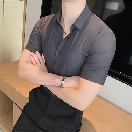 6 Colors Summer Ice Silk No Trace High Elasticity Shirt Men High Quality Short Sleeve Slim Fit Casual Business Dress Shirt 4XL-M