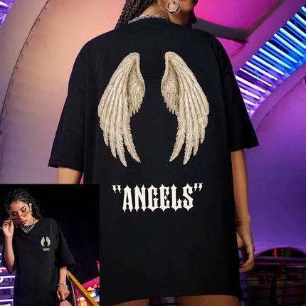 Wings Angels Printing Female Cotton T-Shirt Clothing Creativity All-math Tshirts O-Neck High Street Tops Womens Short Sleeve Tee
