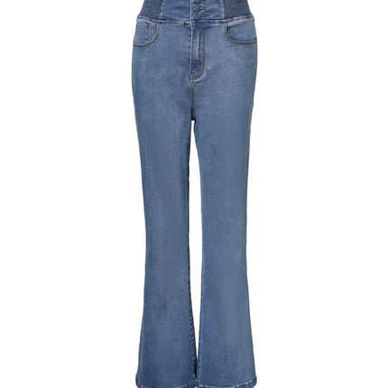 Spring Women Causal Jeans Back Shirred Button Front High Waist Jeans Denim Flare Pants