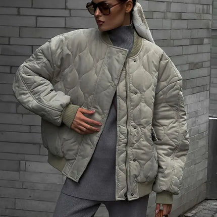 Chic Zipper With Button Quilted Bomber Cotton Jacket Women Casual Single Breasted Long Sleeve Pocket Coat Fall Lady Warm Outwear