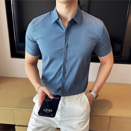 2024 Summer Fashion Vertical Striped Shirts Luxury Men's Hidden Button Short Sleeved Slim Fit Casual Business Shirt Men Clothing