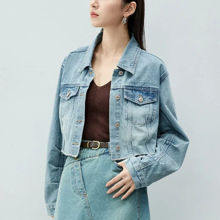 SENTUBILA 100% Cotton Washed Denim Jackets for Women 2025 Spring Casual Loose Turn Down Collar Fashion Short Jacket W41W54341