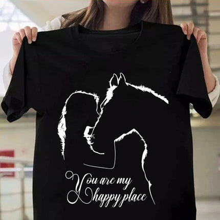 Summer Funny Horse And Girl You Are My Happy Place Print T-shirts Ladies Short Sleeve Tee Shirts Women O-Neck Oversized TShirt