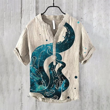 Cross-border foreign trade men's summer 3D printed octopus print shirt casual loose linen short-sleeved shirt T-shirt