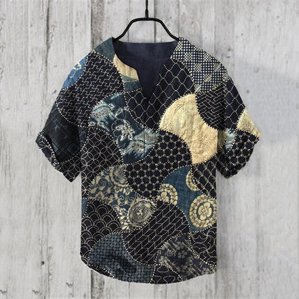 New pine tree landscape 3D printing stand collar short sleeve shirt foreign trade fashion casual loose bamboo fiber linen shirt