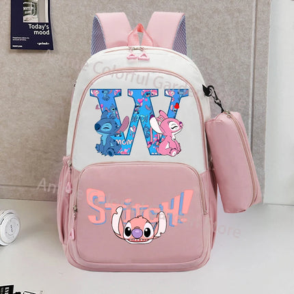 Disney Stitch Backpack with Pencil Bag for Students Anime High-capacity Schoolbag Boys Girls Letter A-Z Printed Backpacks Gifts
