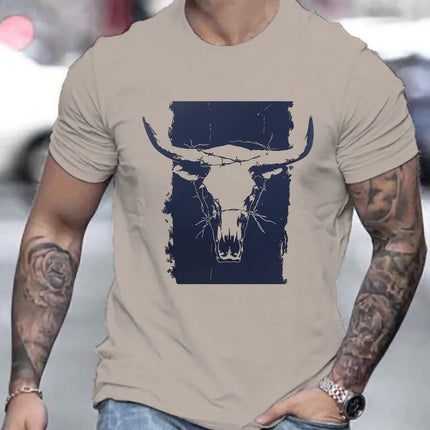 Summer men's 100% pure cotton casual loose plus size Western bull head pattern printed round neck short sleeved T-shirt top