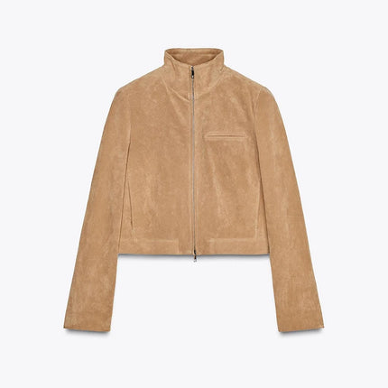 Suede Leather Short Jacket Coat Zipper Stand Collar Vintage Casual Motorcycle Jackets Baggy Front Shoulder Women Outwear Top New