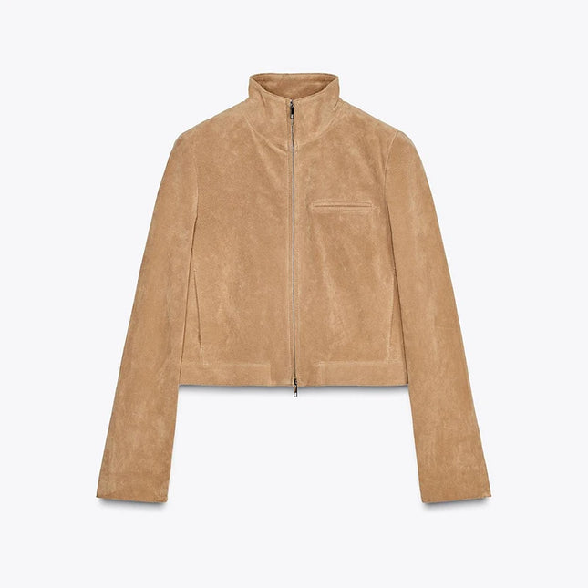 Suede Leather Short Jacket Coat Zipper Stand Collar Vintage Casual Motorcycle Jackets Baggy Front Shoulder Women Outwear Top New
