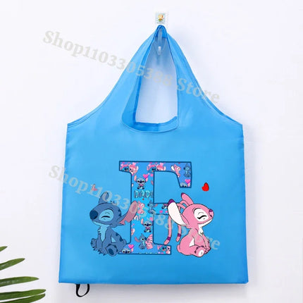 Disney Stitch Foldable Shopping Bag for Women Men High-capacity Reusable Handbags Cartoon Letter A-Z Printing Portable Tote-bags