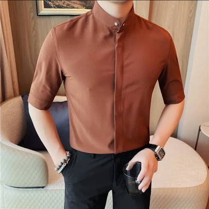 Summer New Standing Collar Half Sleeve Shirts For Men Invisible Button Up Design Slim Casual Business Social Shirt Club Outfits