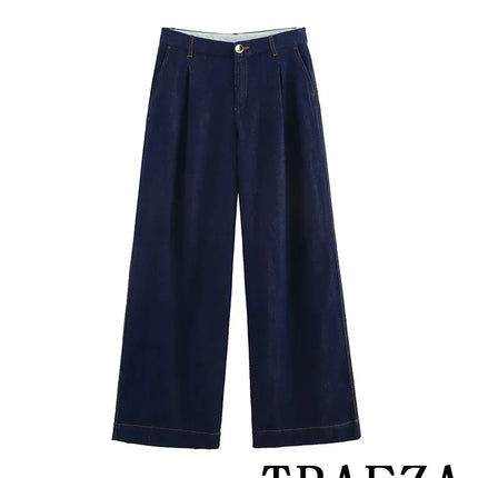 TRAFZA Vintage Casual Chic Women Cowboy Suit Single Breasted Loose Jackets Long Pants Fashion 2025 Spring Summer Denim Suits