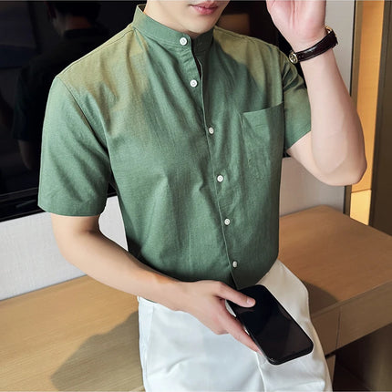 Summer New Chinese Style Linen Cotton Shirts Men's Standing Collar Short Sleeved Thin Breathable Shirt Tops Streetwear 4XL-M