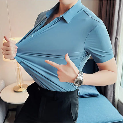 6 Colors Summer Ice Silk No Trace High Elasticity Shirt Men High Quality Short Sleeve Slim Fit Casual Business Dress Shirt 4XL-M