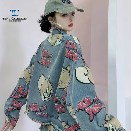 Korean Fashion Cartoon Printed Denim Jacket, Loose Fit Plus Size Short Cardigan Trend, Women's 2025 Autumn New Style