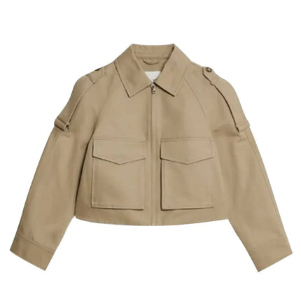 Vintage Women's Short Jacket Pockets Zipper Full Sleeve Khaki Green Thick Coats 2025 Spring Autumn Lady Loose Street Outwear