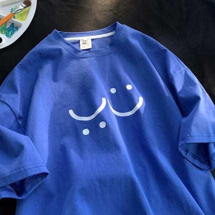 Cotton T-Shirts For Women Summer Short Sleeve Clothing Smile Printing Tops Female Streetwear Ladies Y2K Solid Color Tees