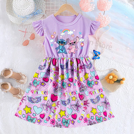 Disney Lilo & Stitch Fashion Dress for Girls Anime Cartoon Cute Skirt Children Summer Sweet Cute Dresses Kids Birthday Gifts