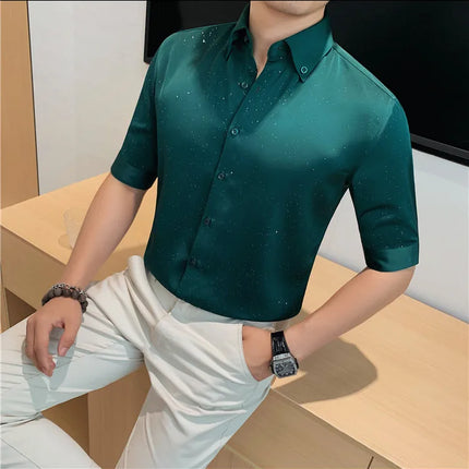 Summer New Powder Shiny Shirts Fashion Men's V-neck Half Sleeve Slim Fit Casual Shirts Social Personality  Top Club Outfits