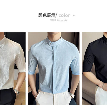 New Chinese Style Stand Up Collar Slim Fit Half Sleeved Shirts Men High Quality Striped Elegant Shirt Summer Social Party Dress