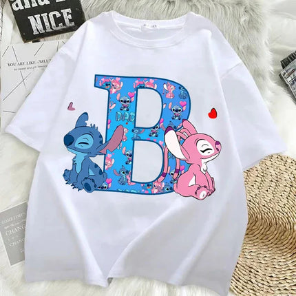 Disney Stitch T-shirts for Women Men Anime Letter A-Z Printed Short Sleeved Shirt Female Male Summer Fashion Top Adults Clothes