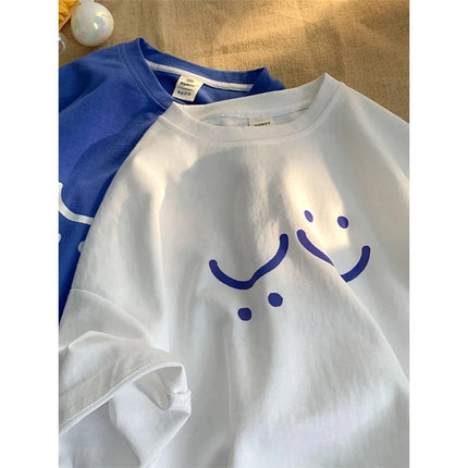 Cotton T-Shirts For Women Summer Short Sleeve Clothing Smile Printing Tops Female Streetwear Ladies Y2K Solid Color Tees