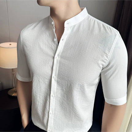 2024 Summer New Chinese Style Linen Shirts Men's Half sleeve Stand-Up Collar Linen Cotton Business Casual Slim Versatile Shirts