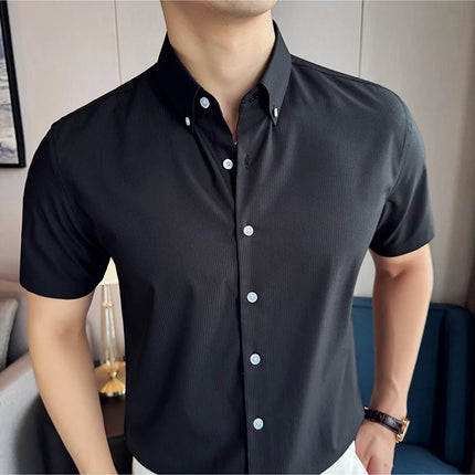 Plus Size 4XL-M High Quality Bamboo Fiber Fabric Dark Stripes Shirts Men Summer Slim Fit Casual Thin Breathable Social Shirt