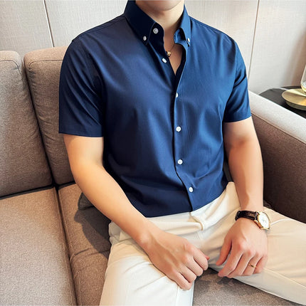 Plus Size 4XL-M High Quality Bamboo Fiber Fabric Dark Stripes Shirts Men Summer Slim Fit Casual Thin Breathable Social Shirt