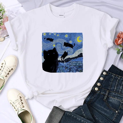 The Starry Cat Night Women T Shirts Fashion Breathable Cool Short Sleeve Street Hip Hop Tops Casual All-math Female Tee Clothing