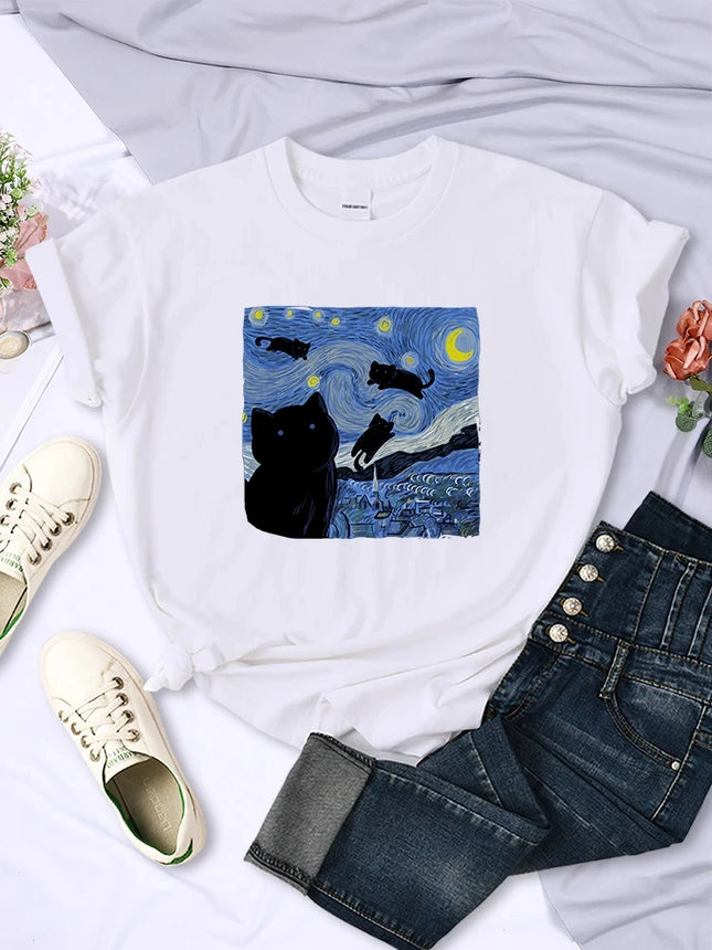 The Starry Cat Night Women T Shirts Fashion Breathable Cool Short Sleeve Street Hip Hop Tops Casual All-math Female Tee Clothing