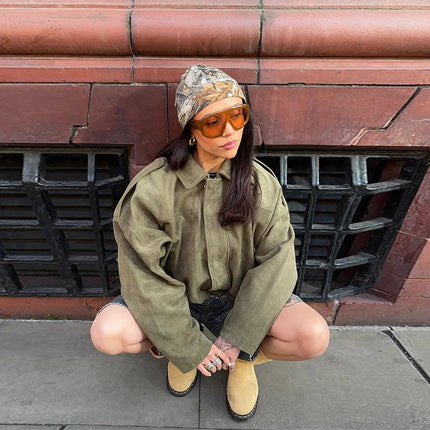 Vintage Women's Short Jacket Pockets Zipper Full Sleeve Khaki Green Thick Coats 2025 Spring Autumn Lady Loose Street Outwear