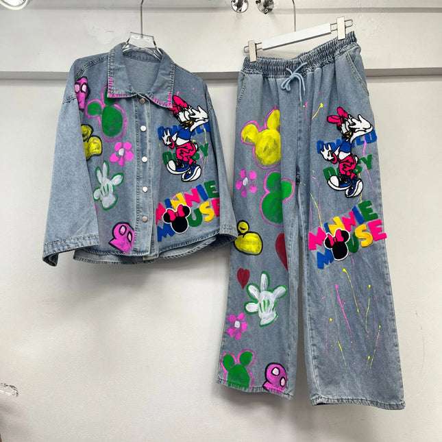 2025 Spring New Women's Beautiful Cartoon Graffiti Coat Heavy Industry Denim Jacket Straight Thin Wide-leg Pants Two-pieces Sets