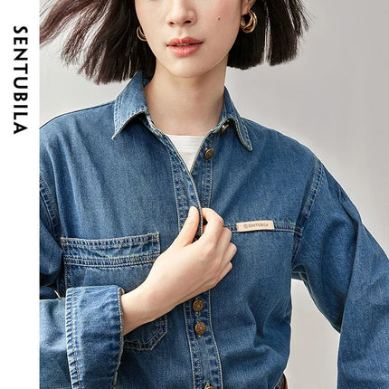 SENTUBILA 100% Cotton Washed Denim Jacket for Women 2025 Spring Retro Loose Patchwork Pockets Leather Logo Coat W43C56148