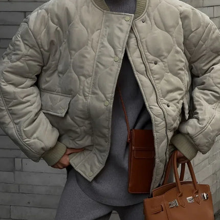Chic Zipper With Button Quilted Bomber Cotton Jacket Women Casual Single Breasted Long Sleeve Pocket Coat Fall Lady Warm Outwear