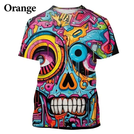 Colorful Street Graffiti Hip Hop Cool Skull 3D Printed Crew Neck T-shirt Personalized Men's Fashion Casual T-shirt Short Sleeve